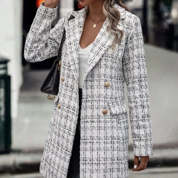 White Preppy Womens Plaid Pattern Double Breasted Tweed Overcoat - Picture 4 of 5